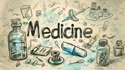 Hand-drawn medical and pharmaceutical sketch with 'Medicine' text