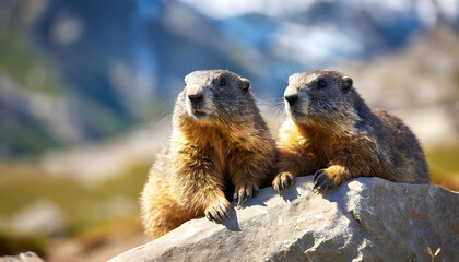 Two Groundhogs Sitting on a Rock. Generative AI