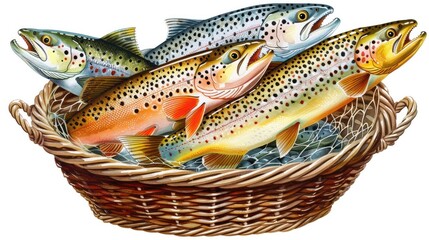 Vibrant Basket of Freshwater Fish Trout and Salmon for Outdoor Enthusiasts and Gourmet Cuisine Lovers