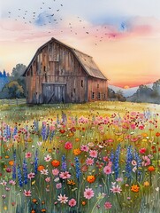 A watercolor painting of a rustic barn in a field of wildflowers at sunset