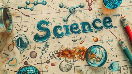 Hand-drawn scientific elements and the word 'Science' on graph paper