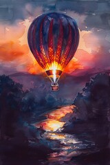 Depicting a hot air balloon journey at sunset, using watercolors to capture the glow
