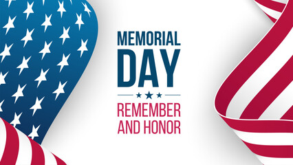 Memorial Day celebration banner. Remember and Honor. Waving American flag. Vector illustration.