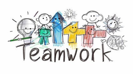 Childlike drawing of stick figures and the word 'Teamwork', symbolizing unity. - obrazy, fototapety, plakaty