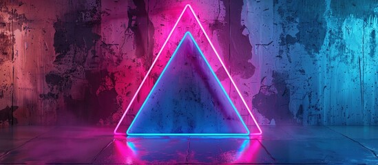A neon triangle with a vibrant Purple, Violet, and Magenta hue is glowing in the dark room, creating a visually striking visual effect lighting pattern with Electric blue accents and perfect symmetry - obrazy, fototapety, plakaty