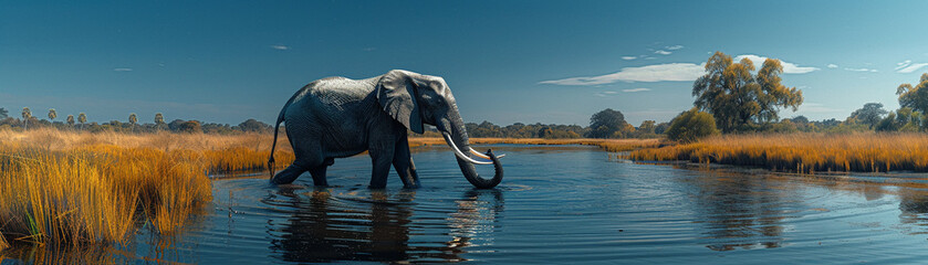 Majestic elephant, massive tusks, powerful beast walking through a serene river in a wildlife sanctuary, under a clear blue sky, realistic image, silhouette lighting