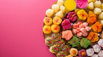 Traditional Indian sweets made with Holi colors at the sides. Clear space in the center for text.