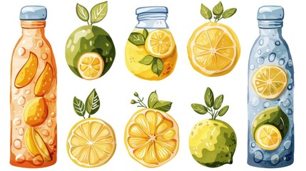 Assorted Thermos Bottles and Fresh Lemon Slices for a Refreshing Citrus Drink Experience