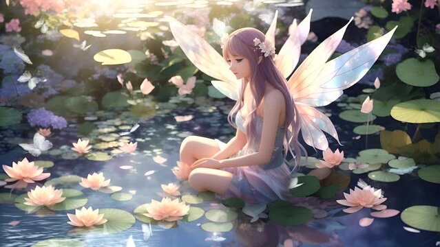 Looping Time-Lapse Animation of Beautiful Fairy-like Woman Floating in a Fish Pond.