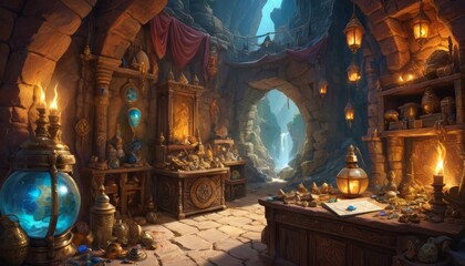 An ancient alchemist's chamber, filled with mystical artifacts and glowing potions, lies secreted away in a stone cavern.. AI Generation