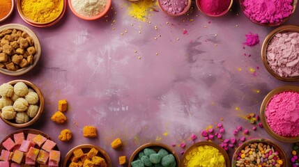 Traditional Indian sweets made with Holi colors at the sides. Clear space in the center for text.