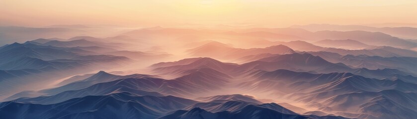 Aerial view of a majestic mountain range, undulating terrain under the soft glow of sunrise - Powered by Adobe