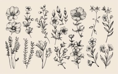 Hand drawn floral elements with sketchy style - obrazy, fototapety, plakaty