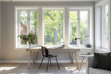 Fototapeta premium A home office with a desk, chair, potted plant, and open book. Windows with a view of trees.