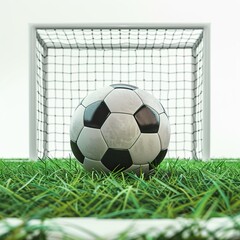 Soccer ball in front of soccer goal gate closeup with green grass. 