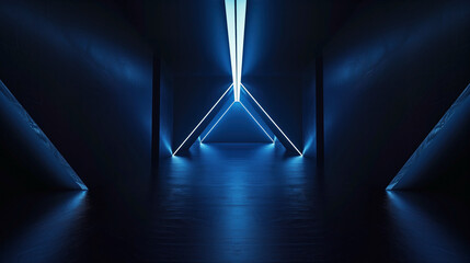 Abstract interior with symmetrical blue neon lights. Dark room with luminous triangular installation