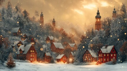 winter landscape with houses - obrazy, fototapety, plakaty