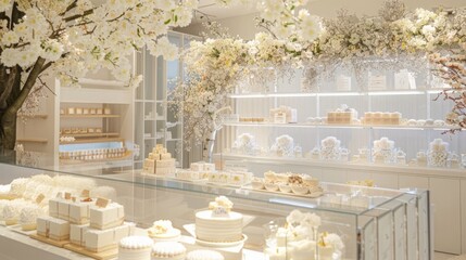 A bakery that has a special White Day theme. The display is filled with white pastries and cakes, and the bakery itself is decorated with white flowers