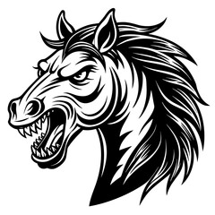 Fierce Horse Head Vector Illustration in Black and White. Horse Logo 
