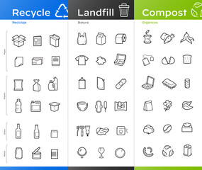 Ready sets of icons for separating waste on trash, compost, recycle. Vector elements are made with high contrast, well suited to different scales.  Ready for use in your design. EPS10.