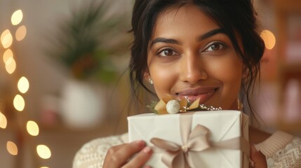 A close-up portrait of a South Asian woman receiving a beautifully wrapped present tied with a delicate white ribbon, her eyes sparkling with surprise and delight