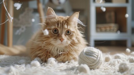 a clumsy but sweet cat trying (and failing) to present a white yarn ball as a White Day gift to its owner. Playful chaos ensues as the yarn unravels across the room