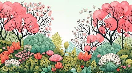 Spring nature doodle background. Drawings in the theme of spring, blossom and flowers.