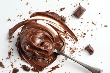White background with chocolate covered spoon from top view