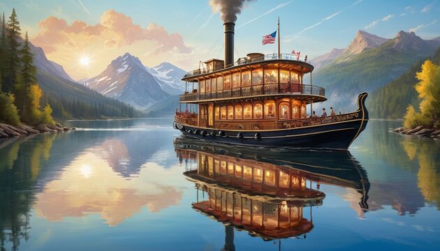 An illustration of a vintage paddle steamer boat sailing on a calm river amidst majestic mountains during sunrise, reflecting beautifully on the water's surface.. AI Generation