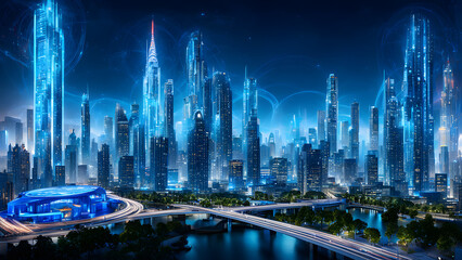 Urban skyline, high-rise building complex, business center office building, modern city center with a strong sense of technology
