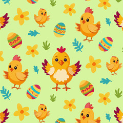 light greenEaster pattern with chicks, eggs, yellow flowers and grass