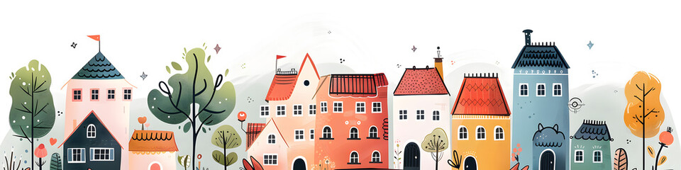 Hand drawn city street, town in trendy children's book flat style horizontal banner