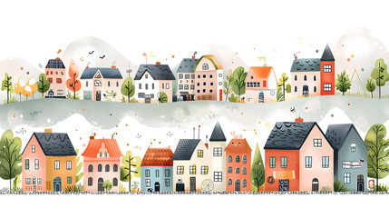 Hand drawn city street, town in trendy children's book flat style horizontal banner