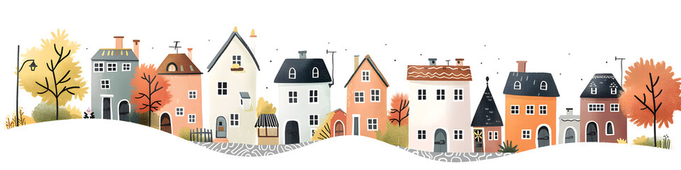 Hand drawn city street, town in trendy children's book flat style horizontal banner