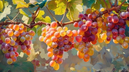 Lush Clusters of Ripe Grapes Hanging on Vibrant Grapevine in Idyllic Vineyard Landscape - obrazy, fototapety, plakaty