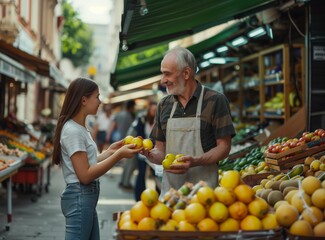 A man in an apron stands at the fruit stand and holds lemons to female customer. A street market under a gazebo on a sunny day with natural light