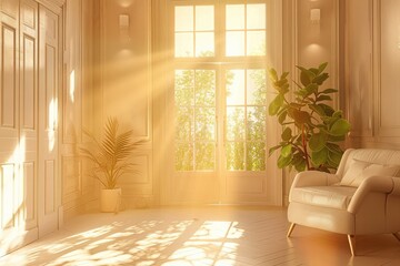 3d illustration beautiful bright room with sunlight passing through