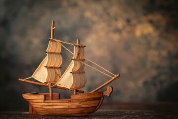 Wooden toy ship model on dark background
