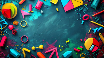 A colorful background with shapes and numbers. The background is a mix of different shapes and colors, including squares, triangles, and circles. The shapes are scattered all over the background