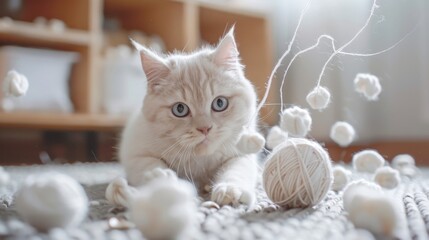 a clumsy but sweet cat trying (and failing) to present a white yarn ball as a White Day gift to its owner. Playful chaos ensues as the yarn unravels across the room - obrazy, fototapety, plakaty
