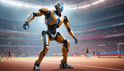 A dynamic image capturing a futuristic yellow and black sports robot sprinting with agility and speed on an athletic track, symbolizing technological advancement in sports and robotics.. AI Generation
