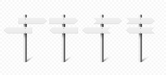 Realistic Sign Post Set. Realistic Blank Road Signboard. Plywood Pointer, Timber, Directional Sign Design Template, Front View. Vector Illustration in 3D Style