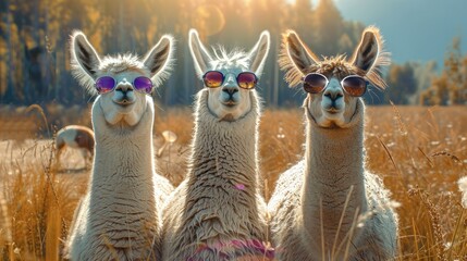 Obraz premium Three llamas wearing sunglasses standing in a field. Generative AI.