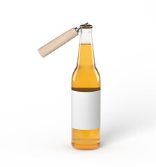 Clear beer bottle with blank label and opener