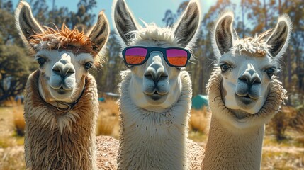 Obraz premium Three llamas wearing sunglasses standing in a field. Generative AI.