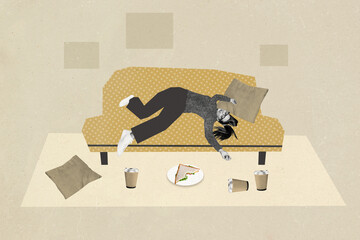 Composite photo collage of lazy girl lie sofa mess plate sandwich coffee cup pillow slob procrastination isolated on painted background