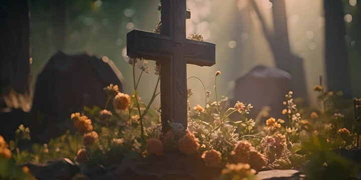 Stone cross tombstone in the cemetery. Symbol of religion in faith in God 4K Video