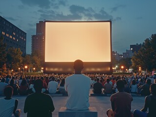 A large screen is set up in a park for a movie. A man sits on a bench watching the movie. The scene is lively and full of people enjoying the movie
