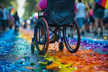 queer disabled wheelchair on gaypride, queer pride or disability pride month. rainbowcoloured wheelchair at gay pride - obrazy, fototapety, plakaty