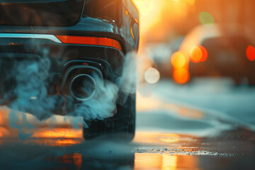 Close-up image of a car exhaust pipe with smoke.